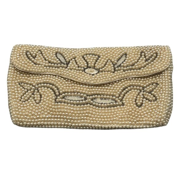 vintage Purse handbag clutch no handle pearls magnet button 2 pockets white READ - Picture 1 of 10